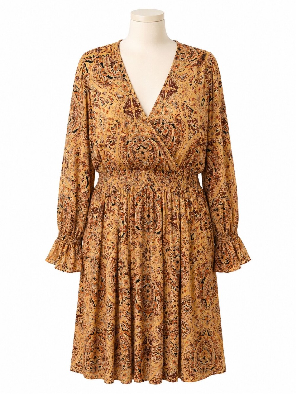 Torrid Midi Dress 3 3X Yellow Brown Paisley Faux Wrap Smocked Waist Boho Fall